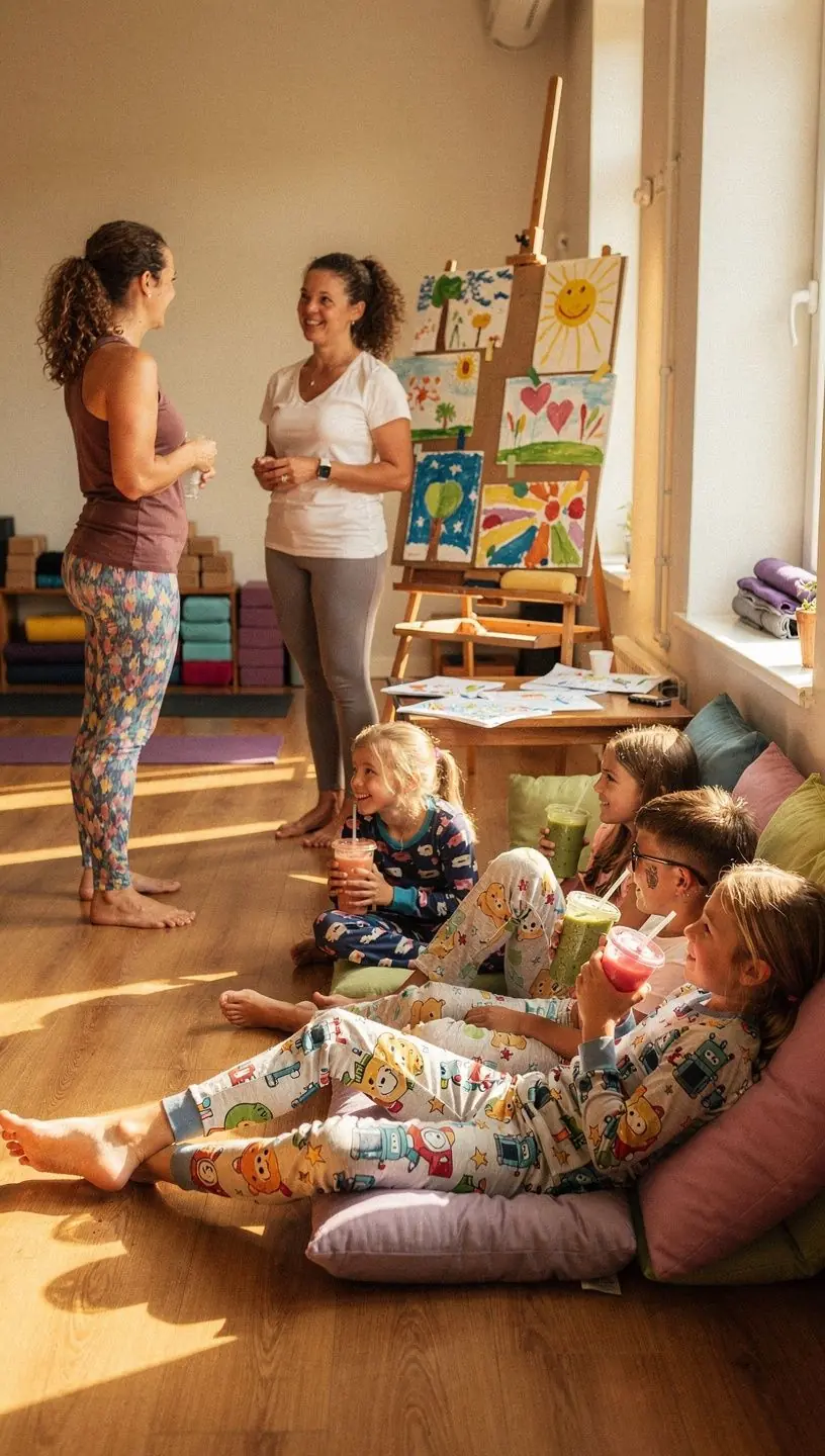 Familias disfrutando de una clase de yoga al aire libre con risas y juegos.