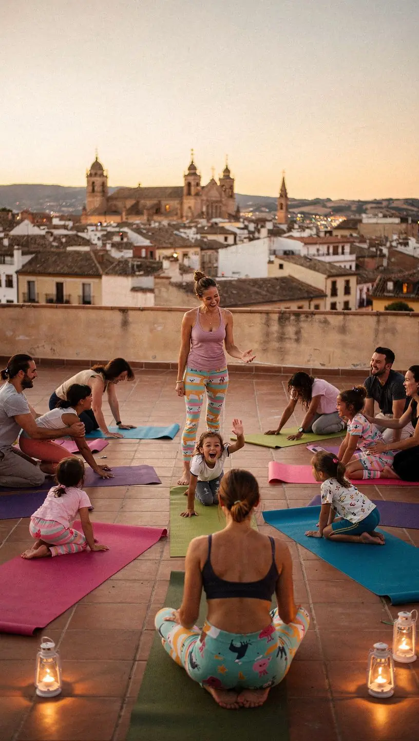 Familias disfrutando de una clase de yoga al aire libre en un parque soleado.
