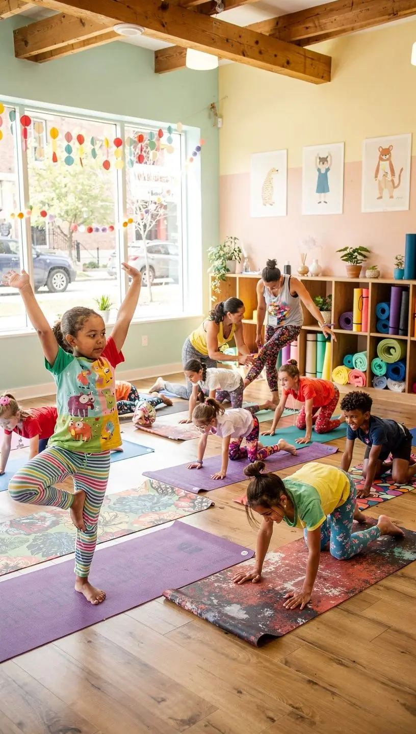 Grupo de niños haciendo yoga en círculo, rodeados de plantas y decoración alegre.