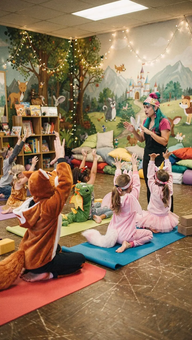 Familias disfrutando de una clase de yoga al aire libre en un parque soleado.
