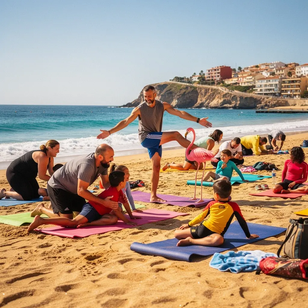 Familias disfrutando de una clase de yoga al aire libre en un parque soleado.