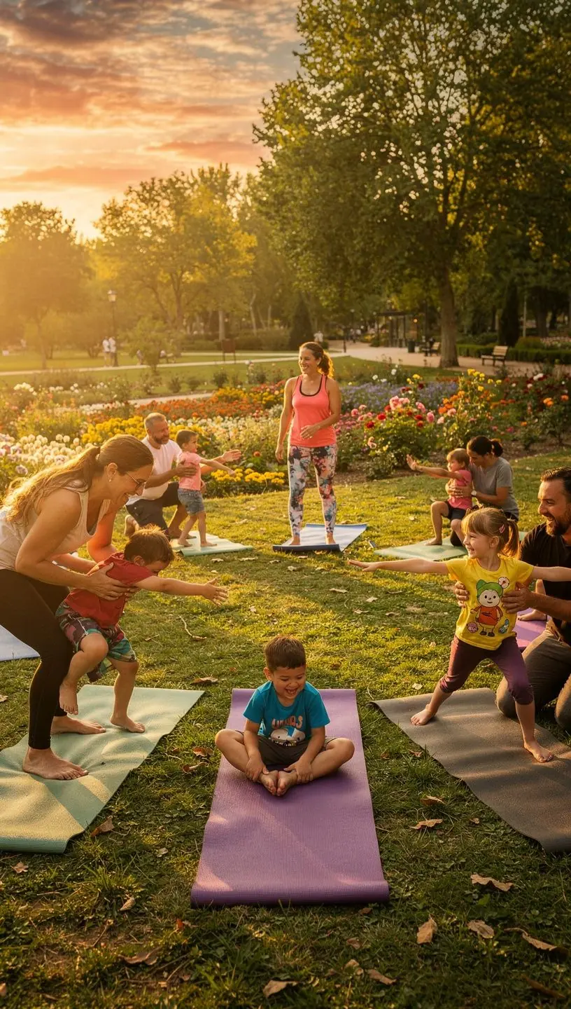 Niños practicando yoga en una sala colorida con esterillas y juguetes.